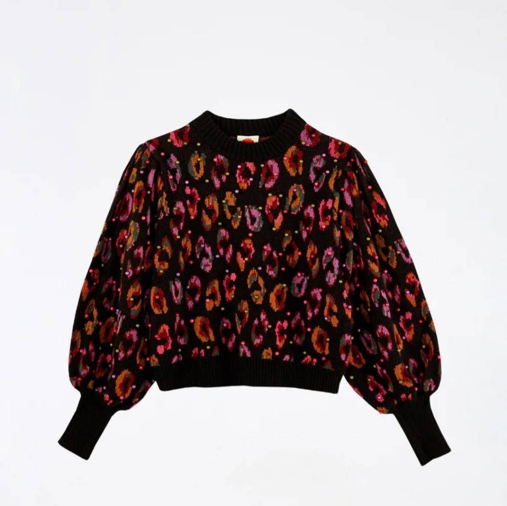 FARM RIO BLACK IKAT-DYED LEOPARD BALL SWEATER
